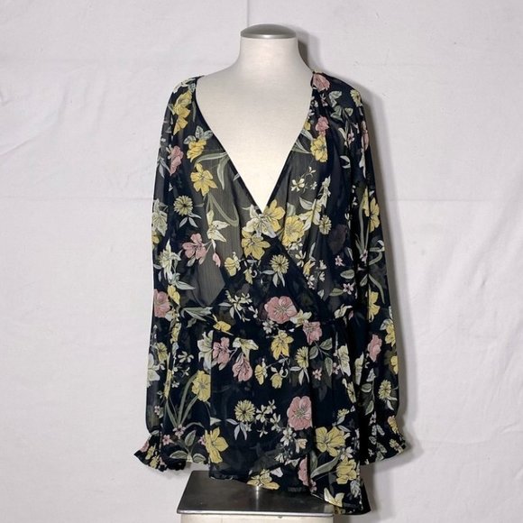 Love & Legend Tops - Love & Legend Black Yellow Sheer Floral Tunic  Top Blouse 16